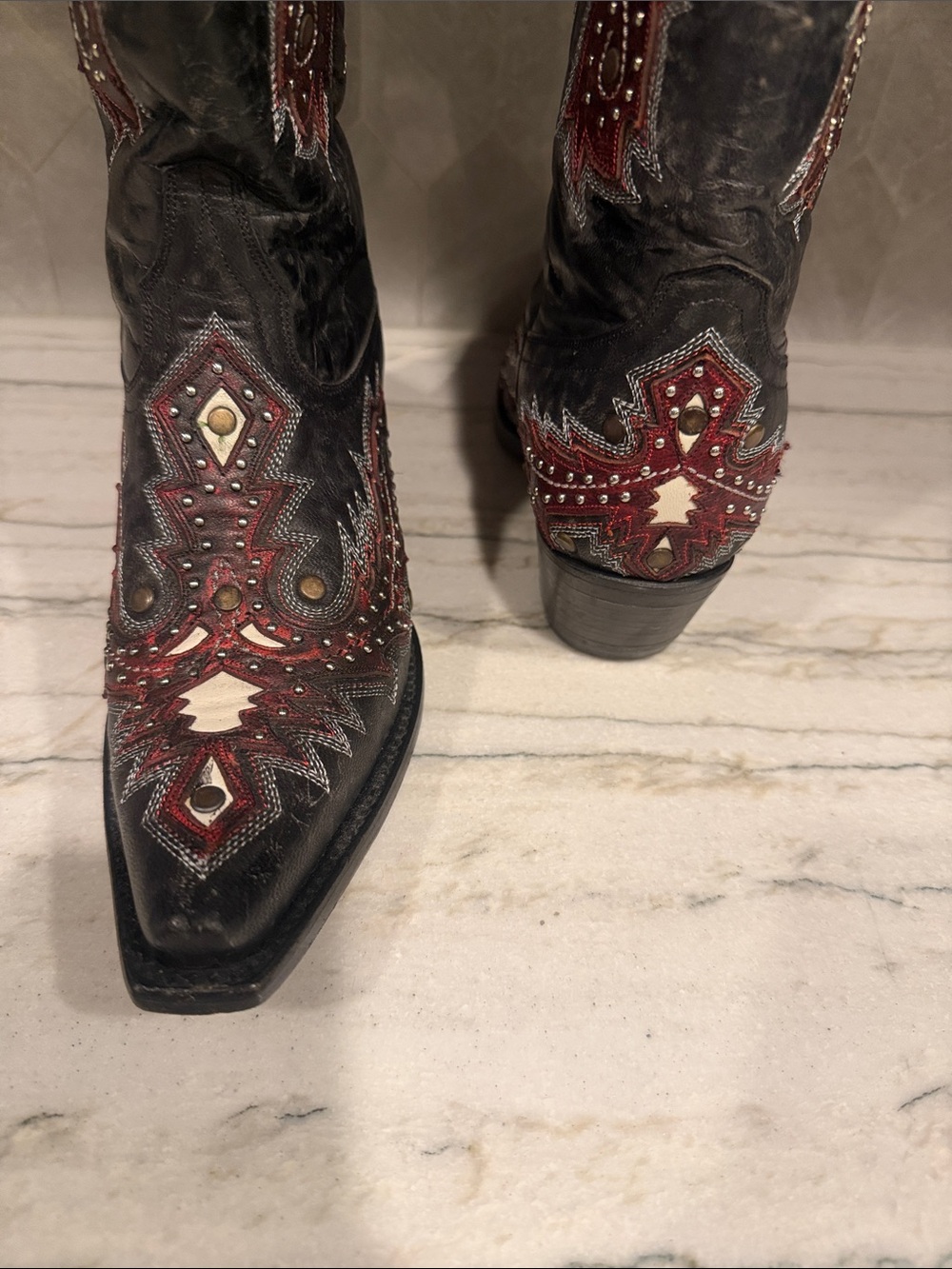 Women's Black and Burgundy Embellished Western Heeled Boots - Picture 3 of 11